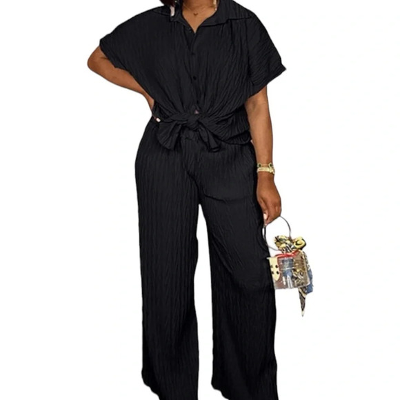 NEW Womens Casual 2 Piece Pleated Short Sleeve Button Blouse Top Wide Leg Loose - Picture 1 of 8